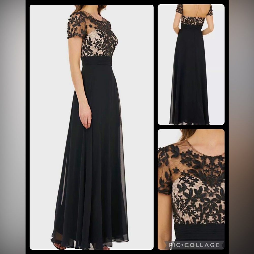 NWT $329 JS COLLECTIONS Women’s Black Nude Lace Bodice Illusion Gown Dress 2